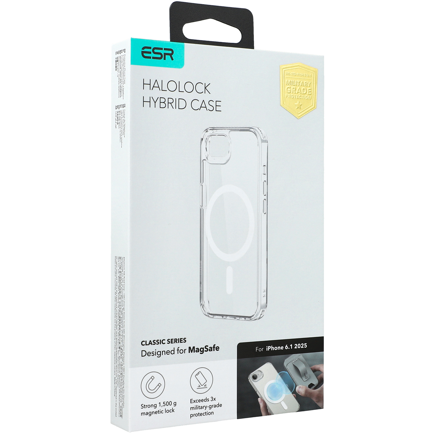 Etui jednoczęściowe ESR Classic Hybrid Halolock kompatybilne z technologią MagSafe do iPhone 16e, półprzezroczysto-białe.